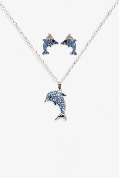 Sapphire Dolphin Crystal Sterling Silver Earrings and Necklace Set