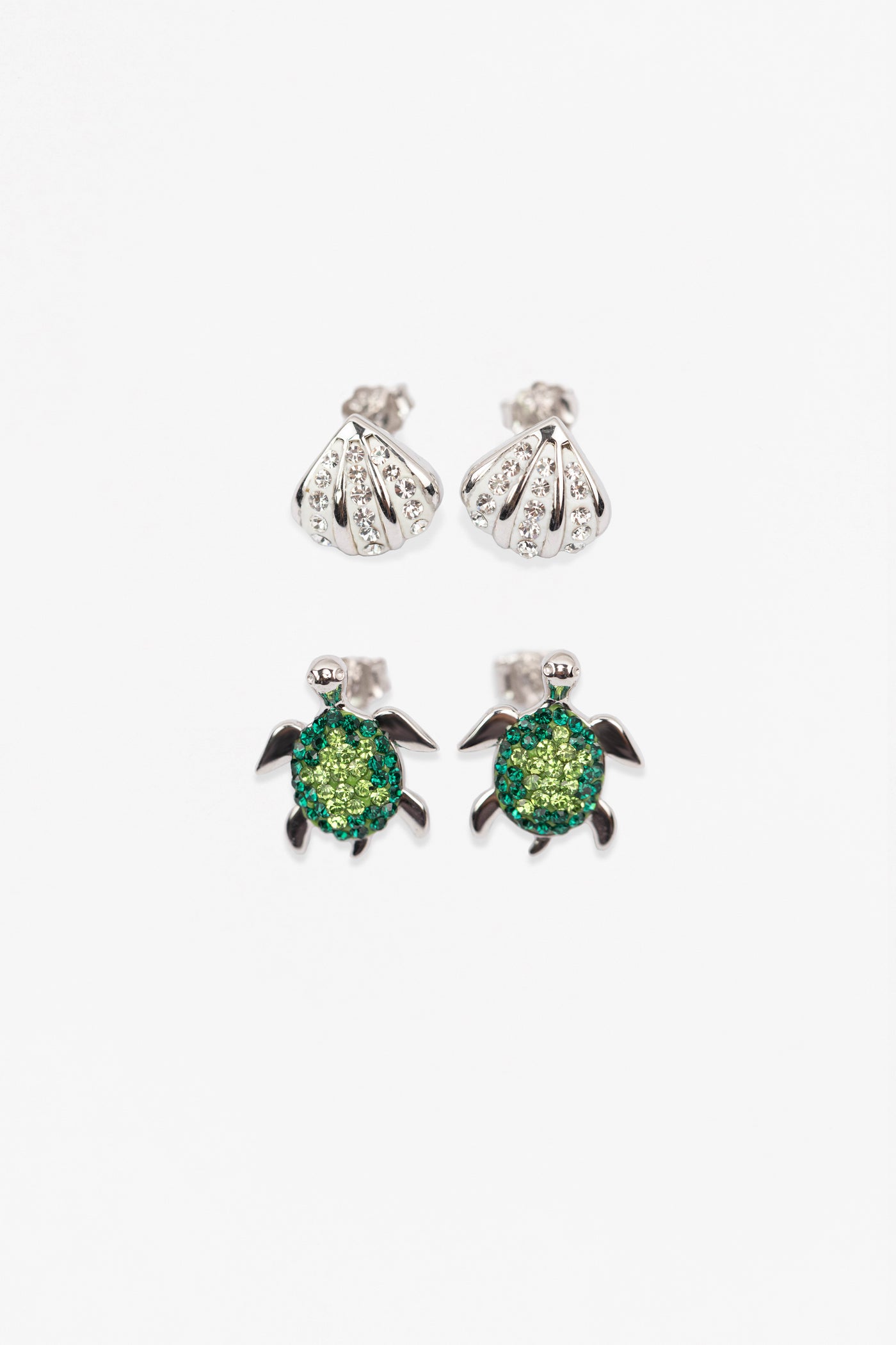 Sea Creatures Turtle and Clam Shell Crystal Sterling Silver Two Pair Earrings Set