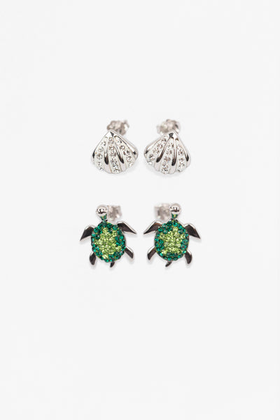 Sea Creatures Turtle and Clam Shell Crystal Sterling Silver Two Pair Earrings Set