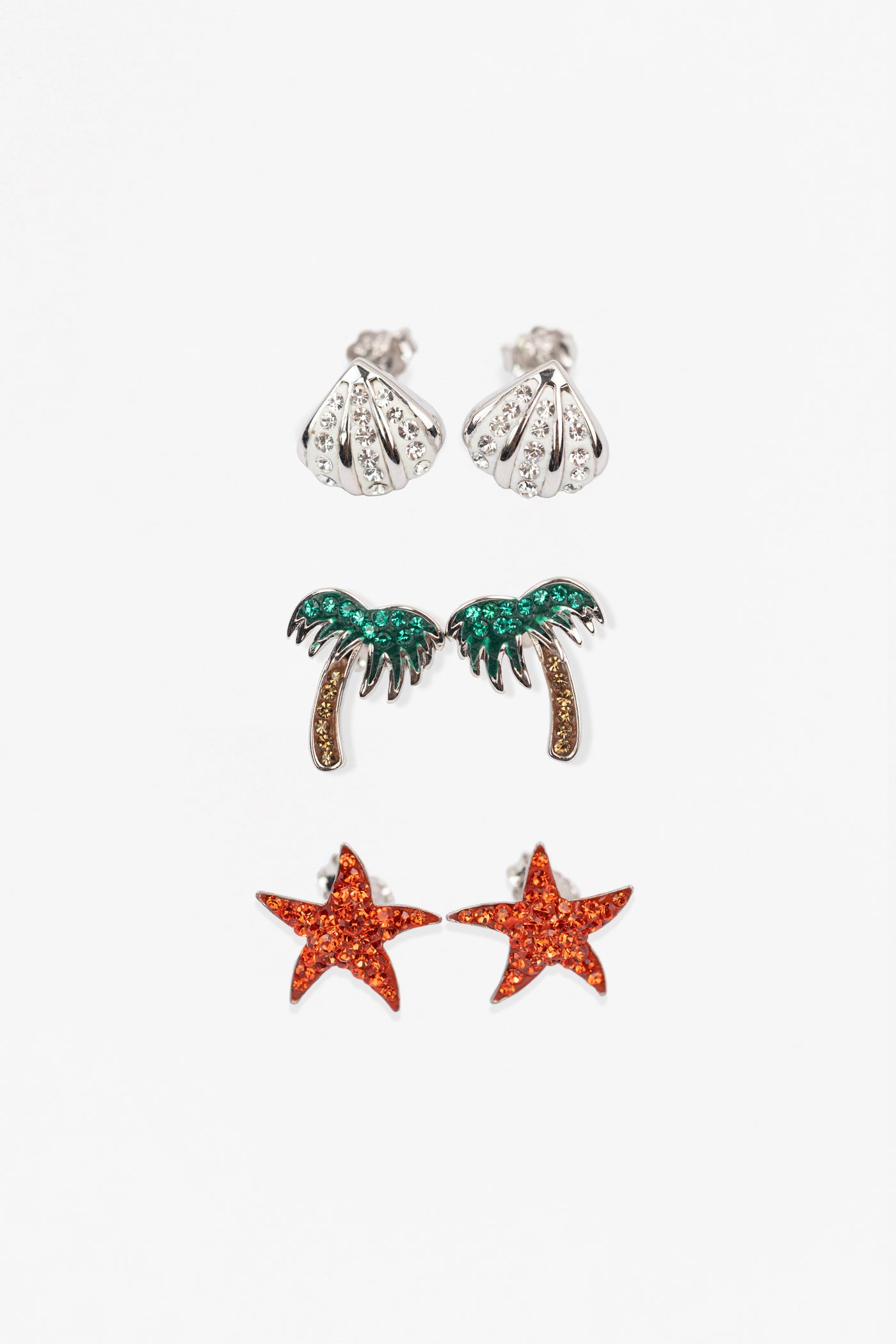 Clam Seashell Palm Tree Starfish Crystal Sterling Silver Three Pair Bundle Beach Earrings Set