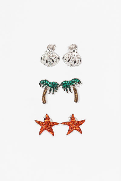 Clam Seashell Palm Tree Starfish Crystal Sterling Silver Three Pair Bundle Beach Earrings Set