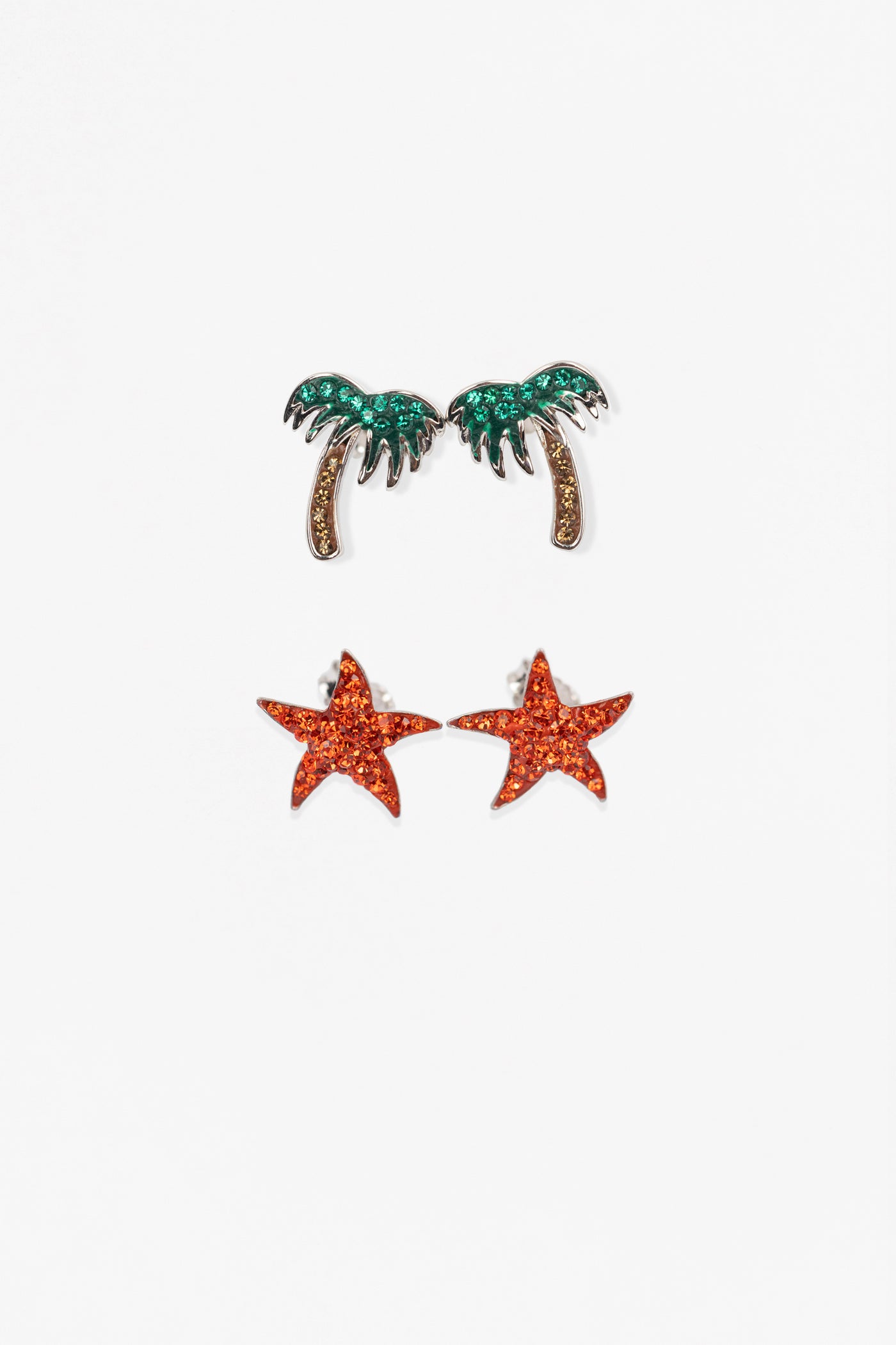 Starfish and Palm Tree Crystal Sterling Silver Two Pair Earrings Set