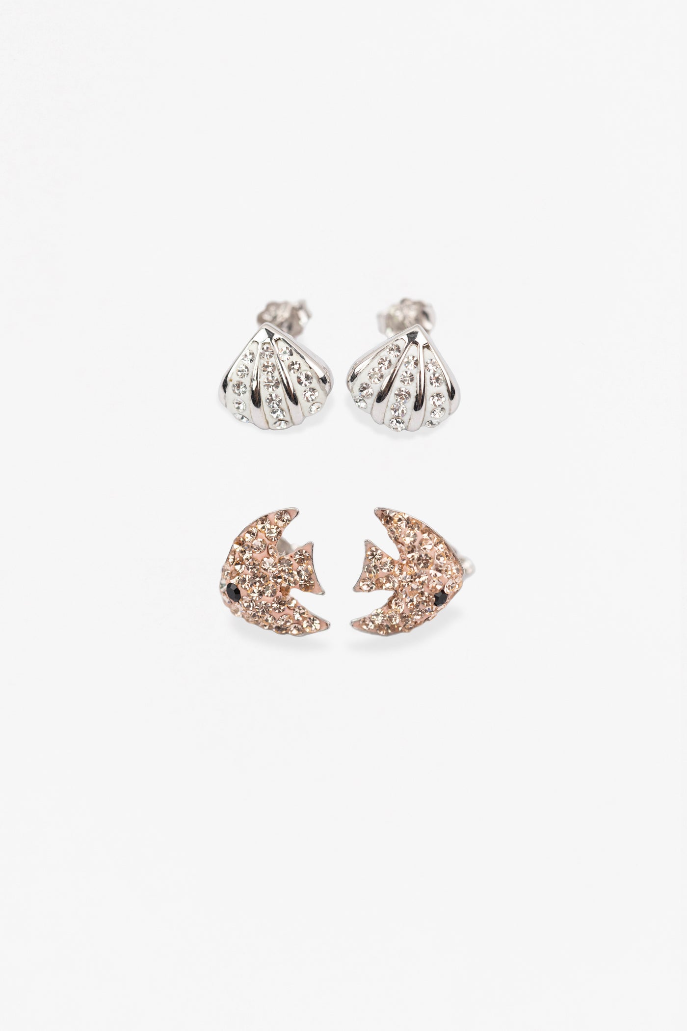 Sea Life Coral Fish and Clam Seashell Crystal Sterling Silver Earrings Two Pair Set