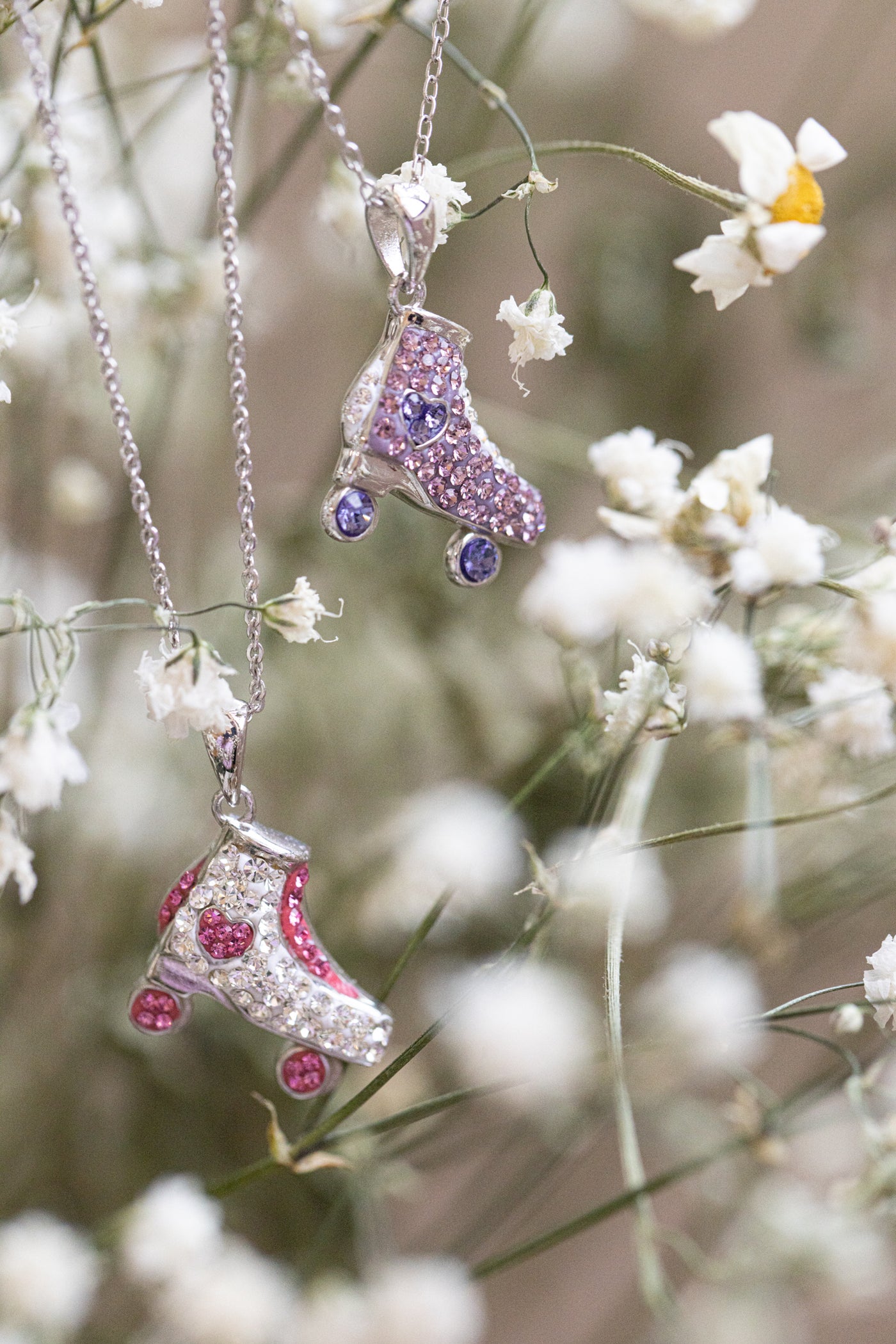 Amethyst Purple and Rose Pink Roller Skate with Heart Accent Sterling Silver Necklace
