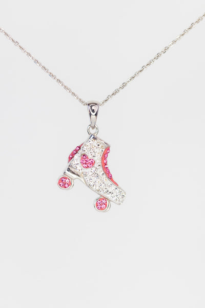 Pink Roller Skate with Rose Pink Heart Accent Sterling Silver Necklace