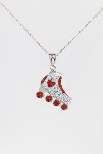 Red Rollerblade with Heart Accent Crystal Sterling Silver Necklace