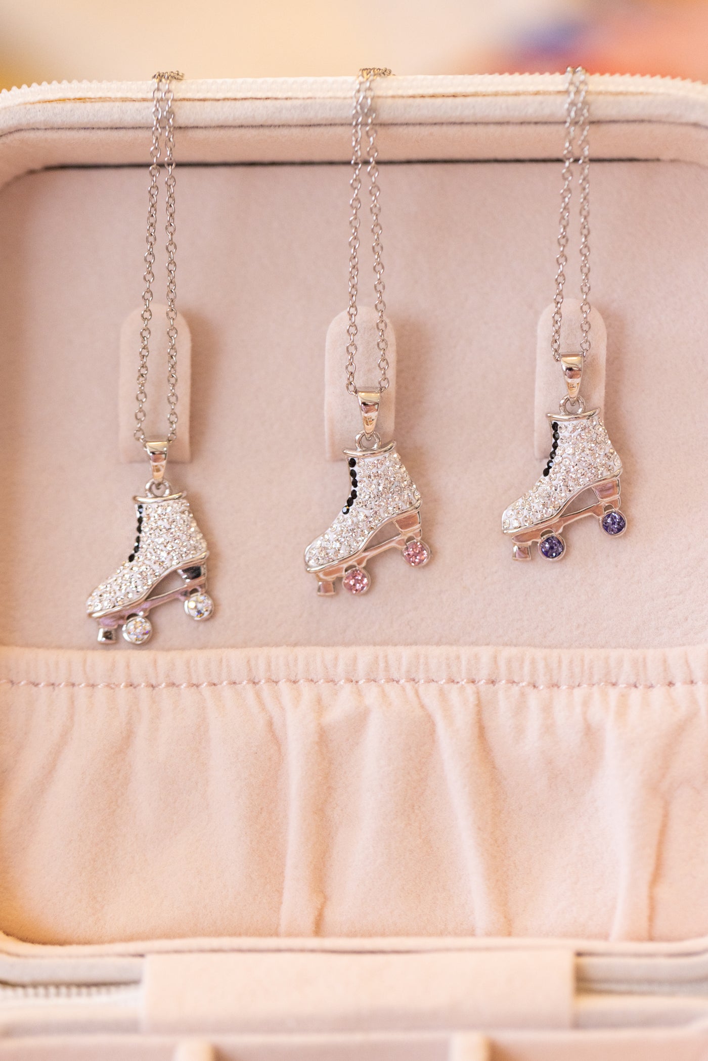 White Rollerskate with Pink Wheels Crystal Sterling Silver Necklace