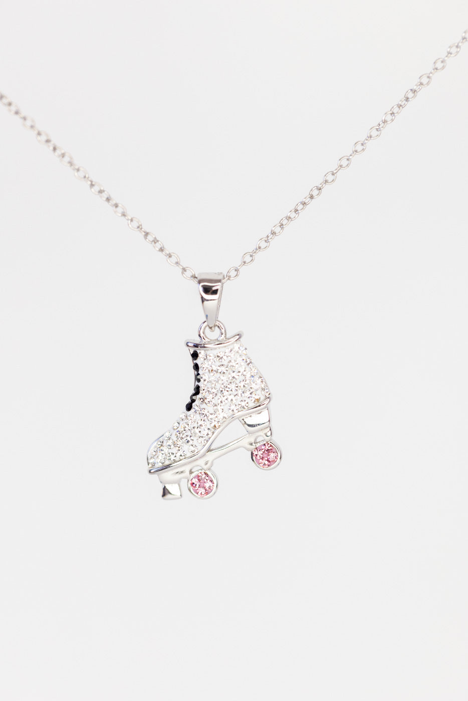 White Roller Skate with Pink Wheels Crystal Sterling Silver Necklace