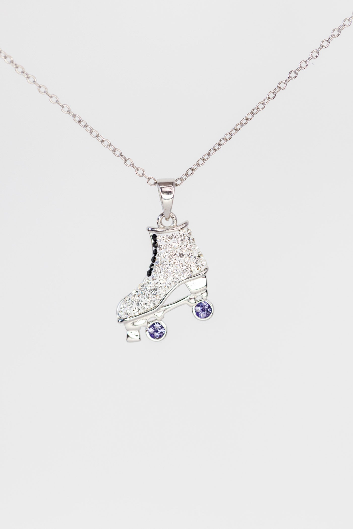 White Roller Skate with Purple Wheels Crystal Sterling Silver Necklace