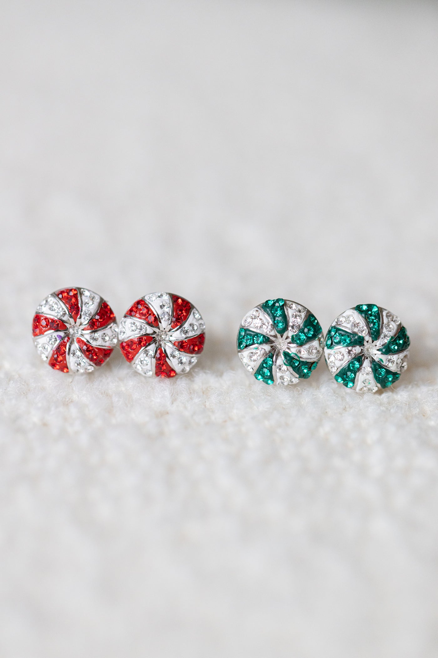 Red and Green Peppermint Candy Holiday Crystal Sterling Silver Stud Earrings Set