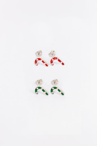 Red and Green Candy Cane Crystal Sterling Silver Two Set Stud Earrings Set