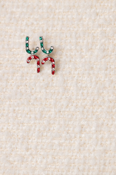 Red and Green Candy Cane Crystal Sterling Silver Two Set Stud Earrings Set