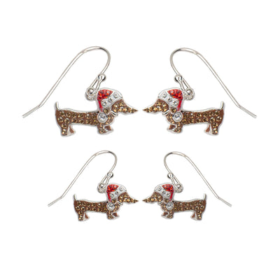 Dangling Holiday Mommy and Me Dachshund Dog Crystal Sterling Silver Earrings Set