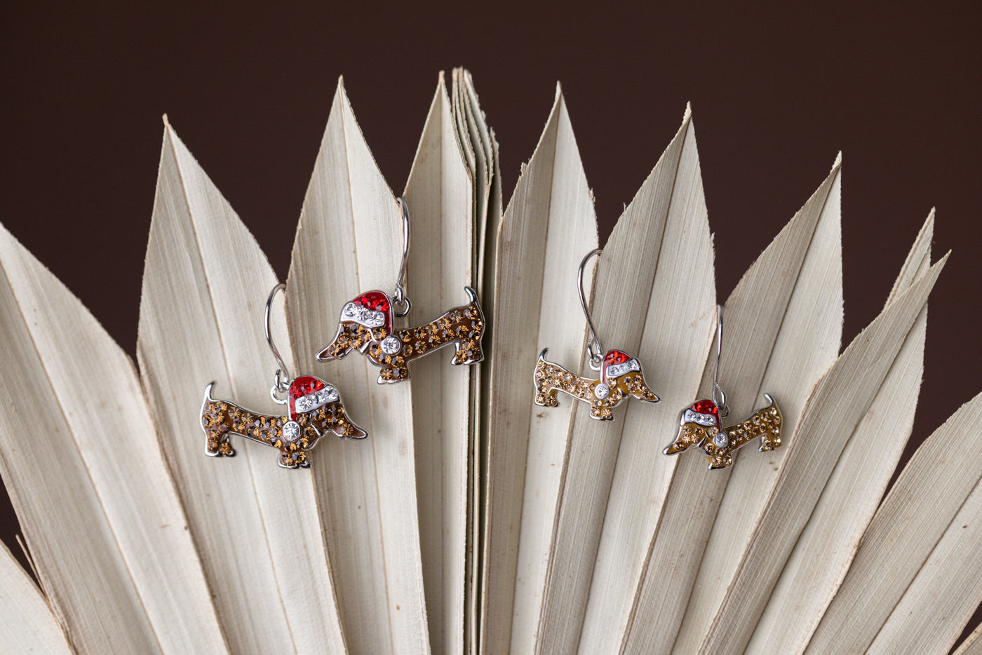 Dangling Holiday Mommy and Me Dachshund Dog Crystal Sterling Silver Earrings Set