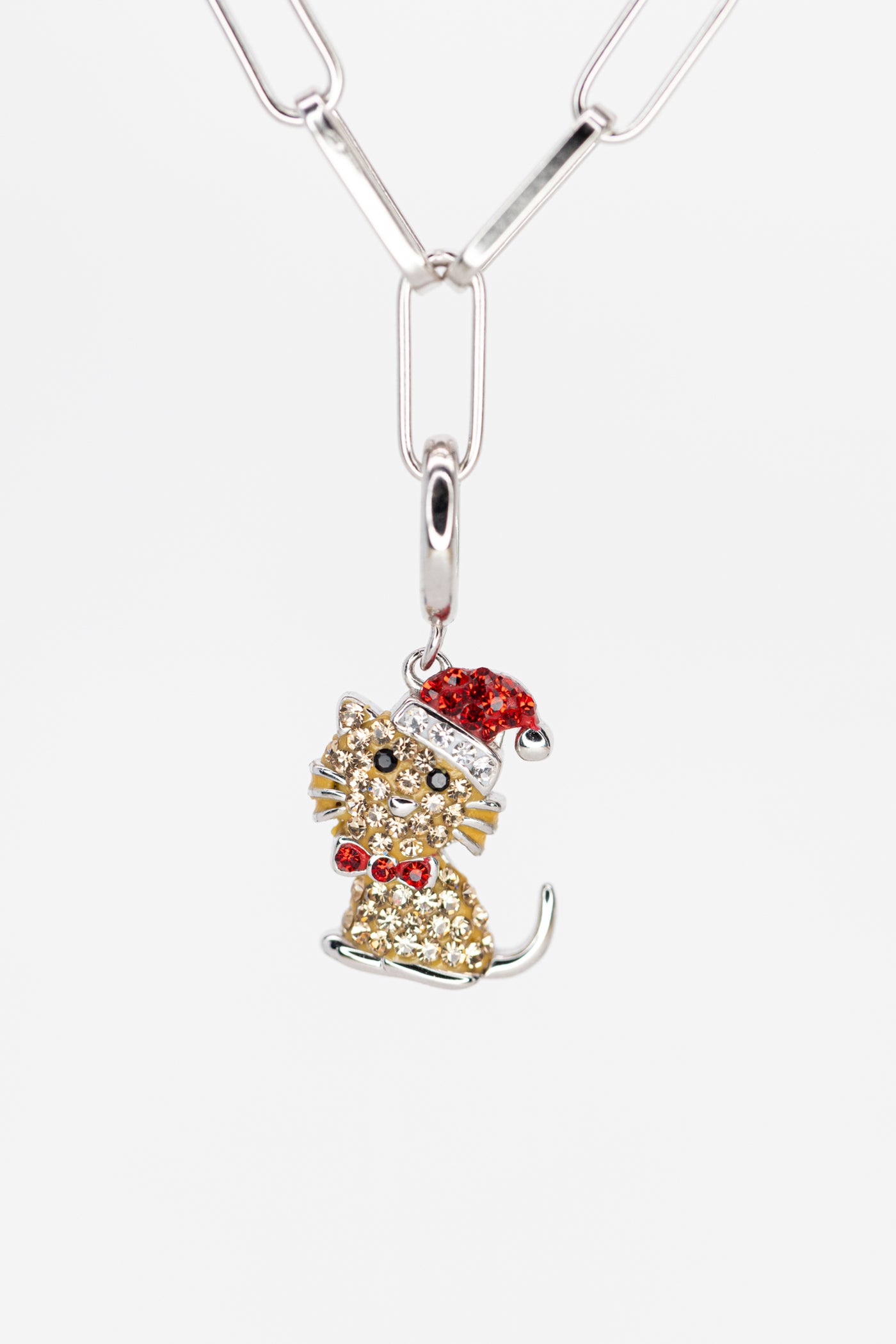Holiday Kitty Cat Crystal Sterling Silver Charm With Paperclip Bracelet