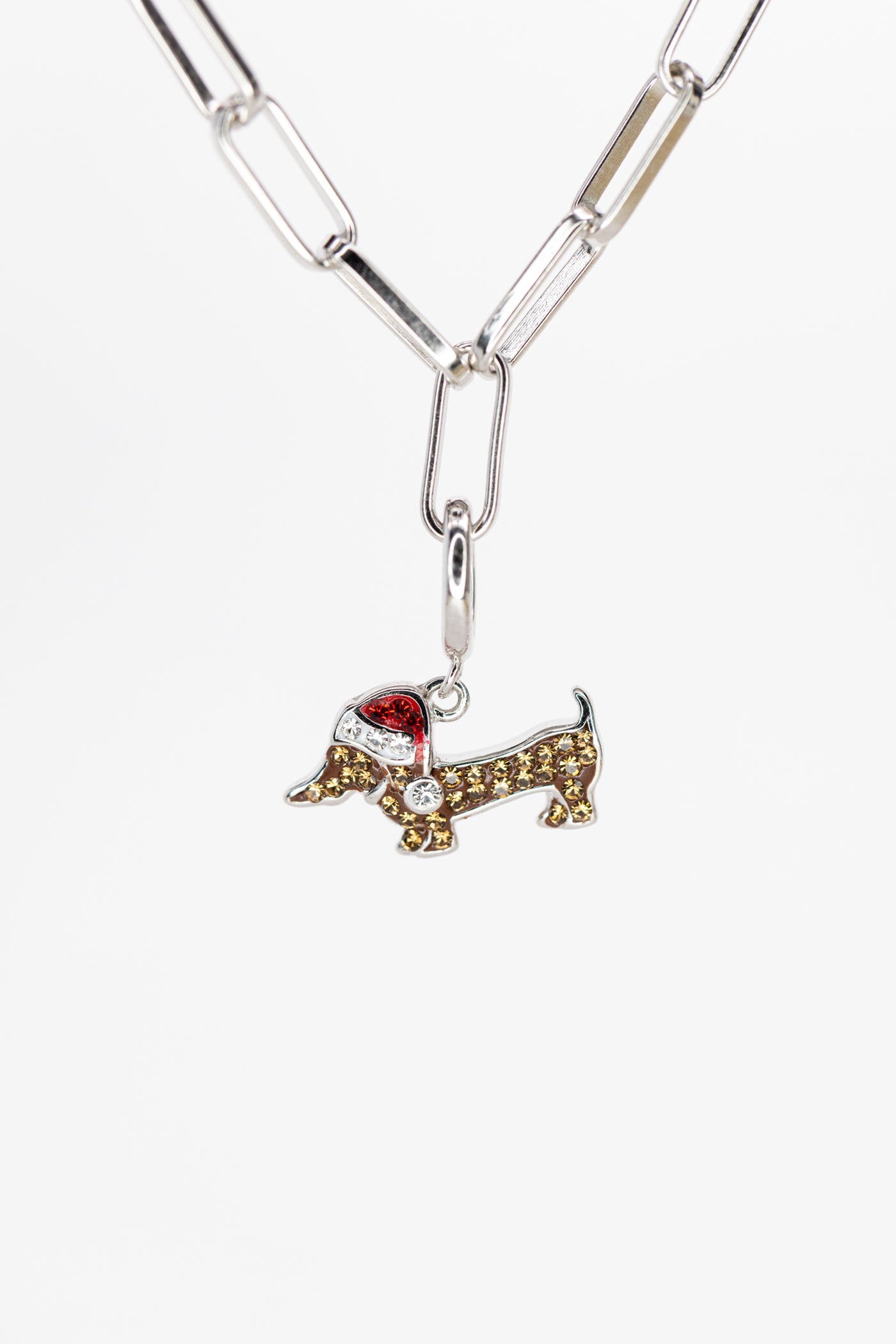Holiday Dachshund Dog Crystal Sterling Silver Charm With Paperclip Bracelet