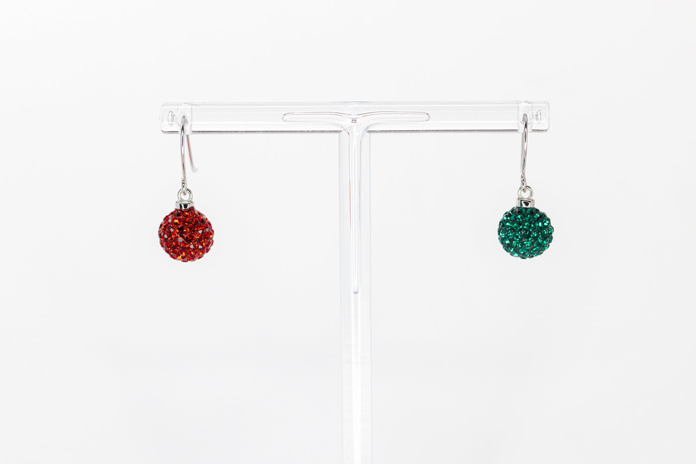 Red and Green Ornament Mismatched Drop Crystal Sterling Silver Earrings