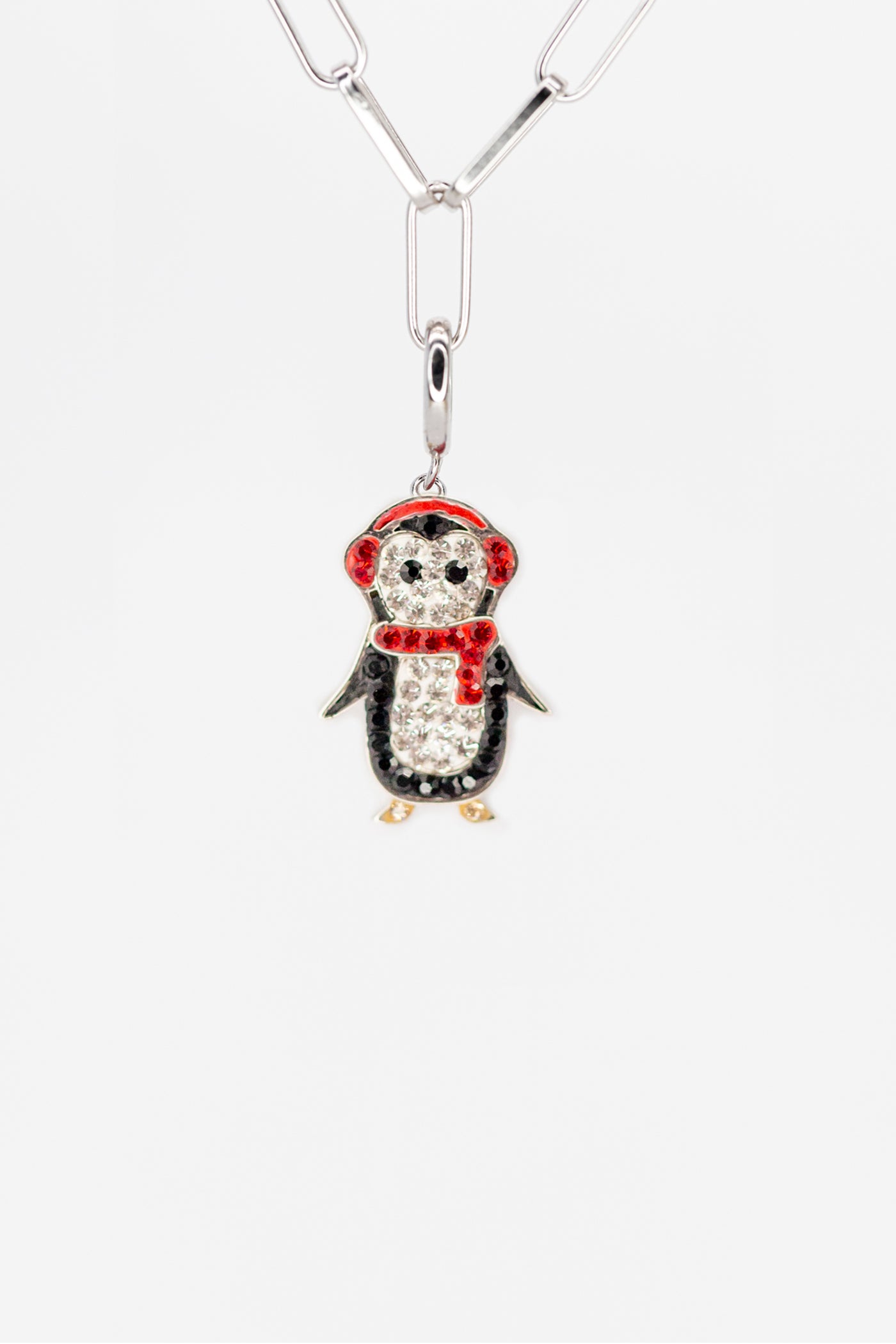Holiday Penguin Crystal Sterling Silver Charm With Paperclip Bracelet (RED)