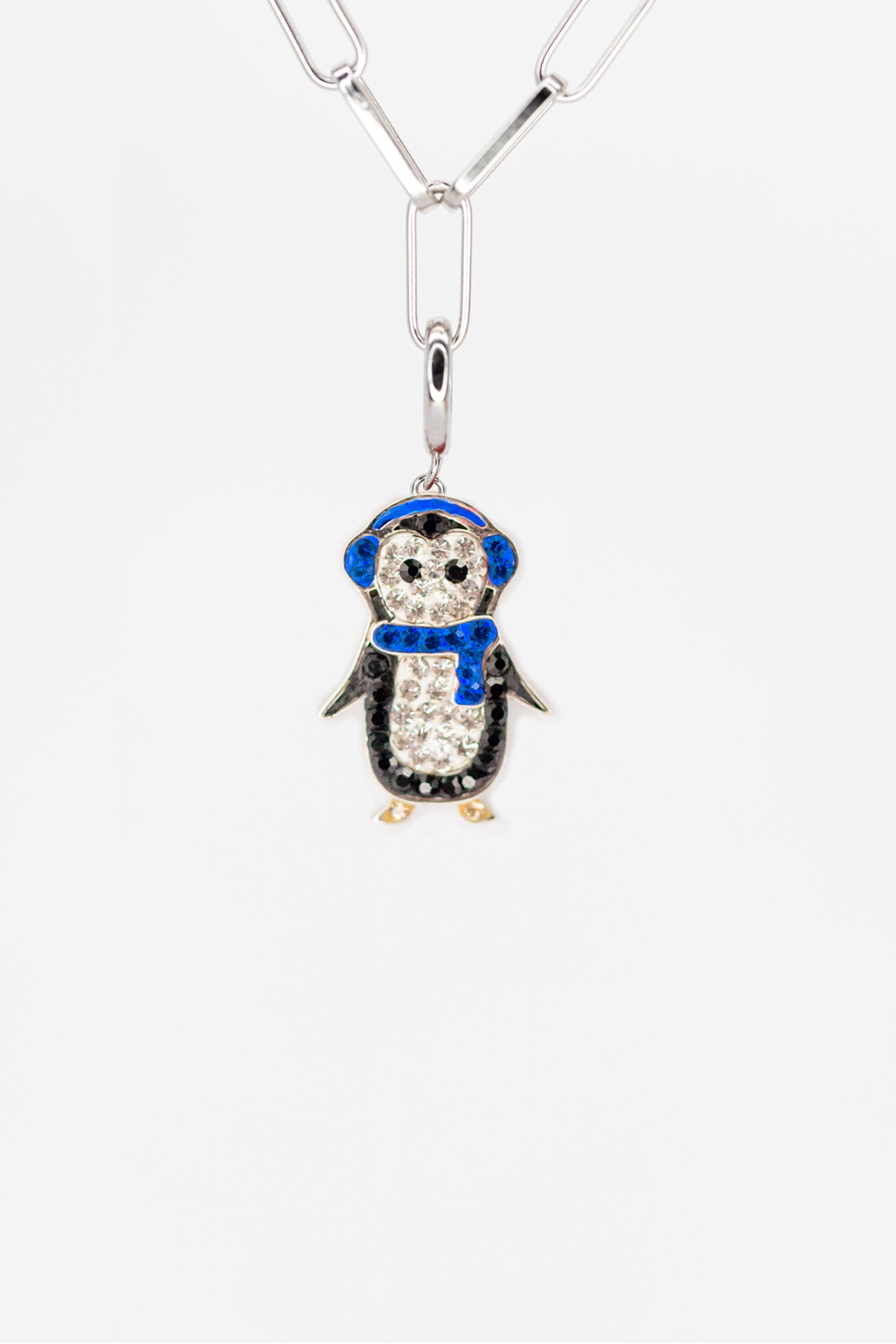 Holiday Penguin Crystal Sterling Silver Charm With Paperclip Bracelet (BLUE)