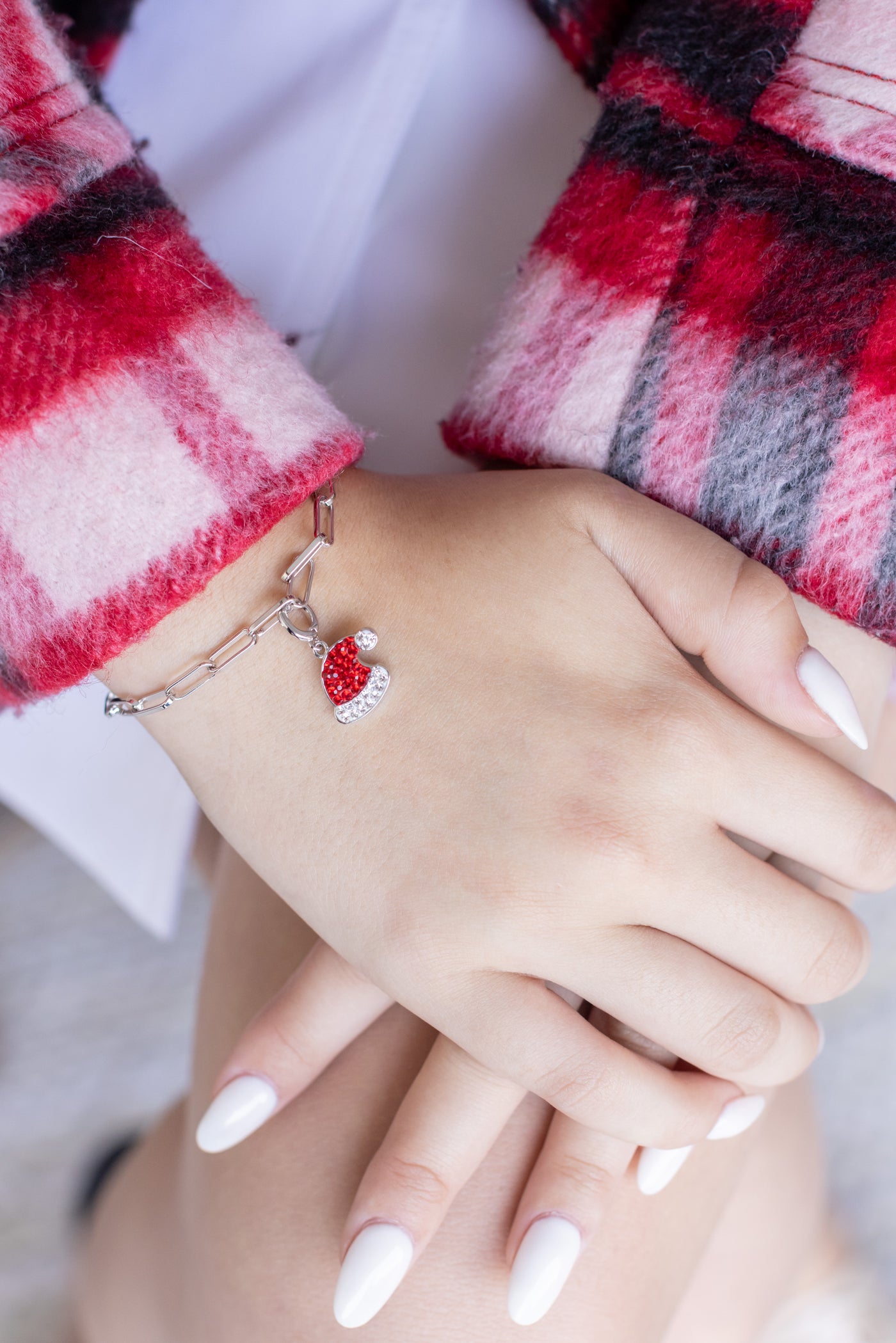 Santa Hat Crystal Sterling Silver Charm With Paperclip Bracelet