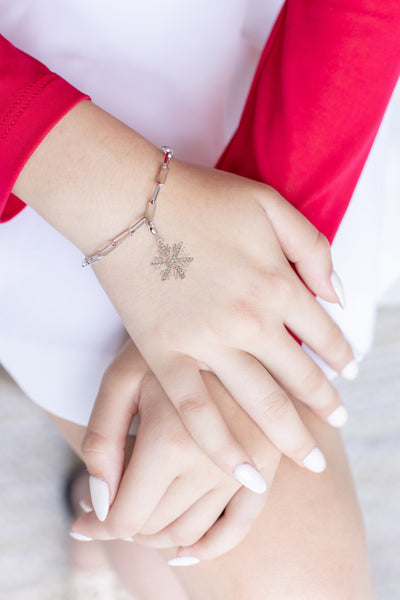 Snowflake Crystal Sterling Silver Charm With Paperclip Bracelet 