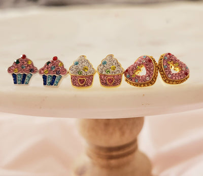 Cupcake Earrings, Frozen Yogurt Earrings, Heart Shaped Donut Earrings