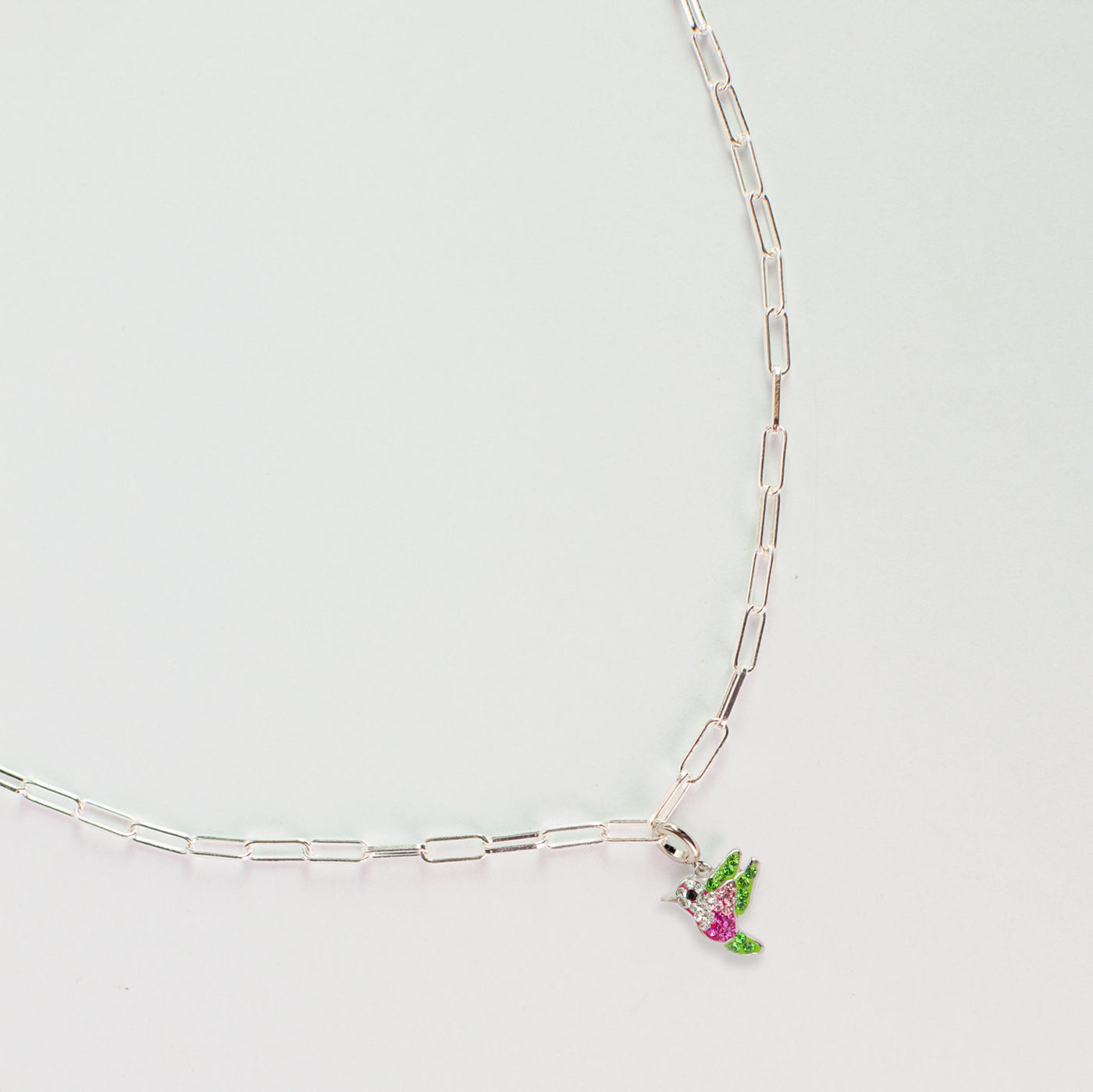 Hummingbird Crystal Sterling Silver Charm With Paper Clip Necklace