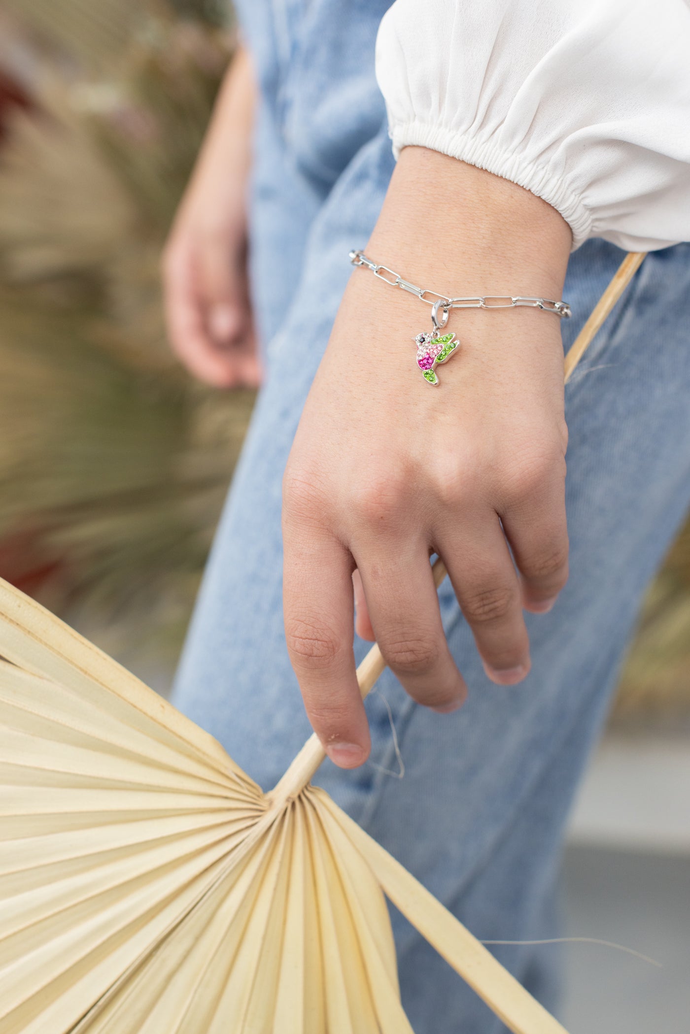 Hummingbird Crystal Sterling Silver Charm With Paper Clip Bracelet