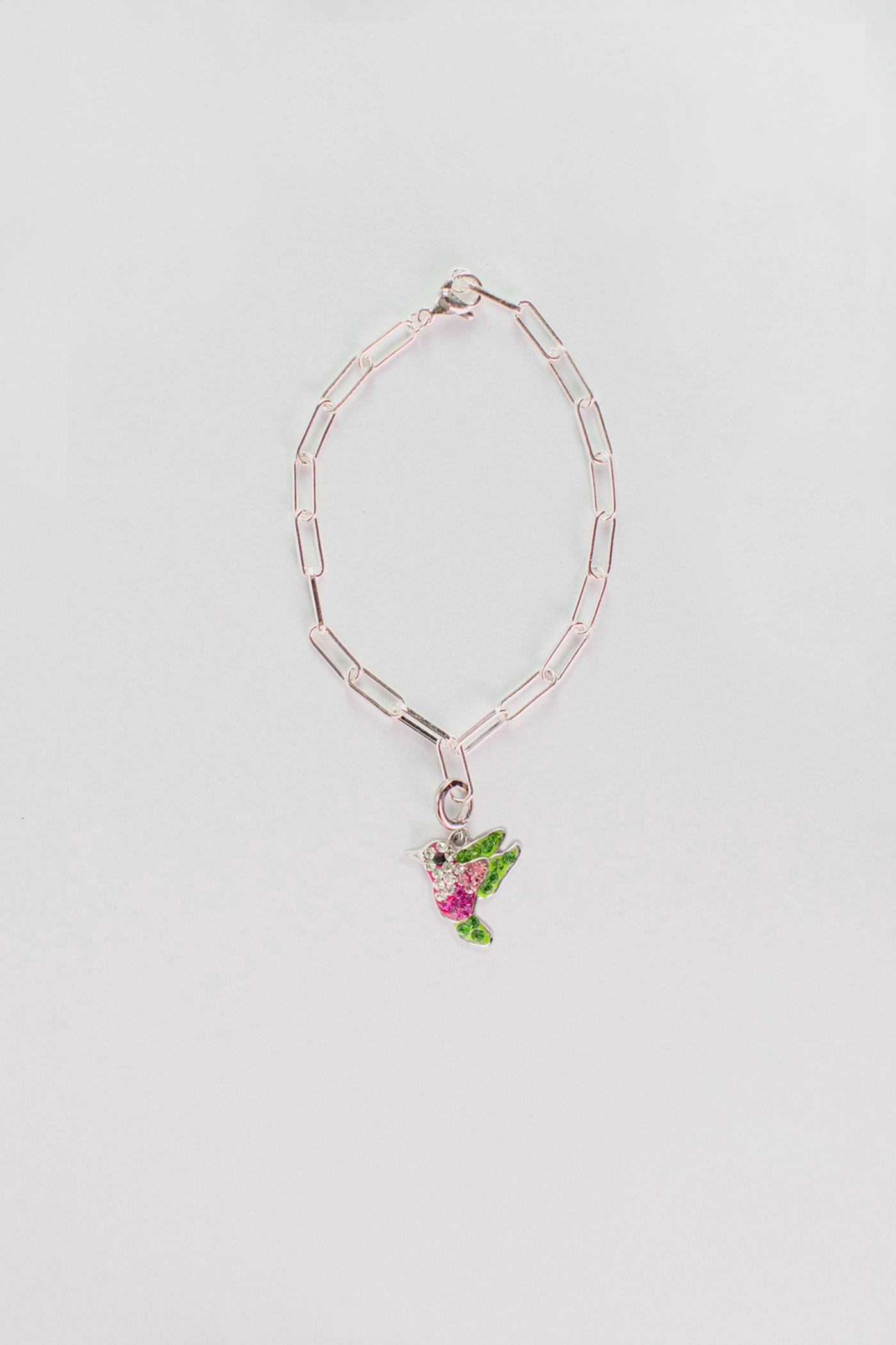 Hummingbird Crystal Sterling Silver Charm With Paper Clip Bracelet