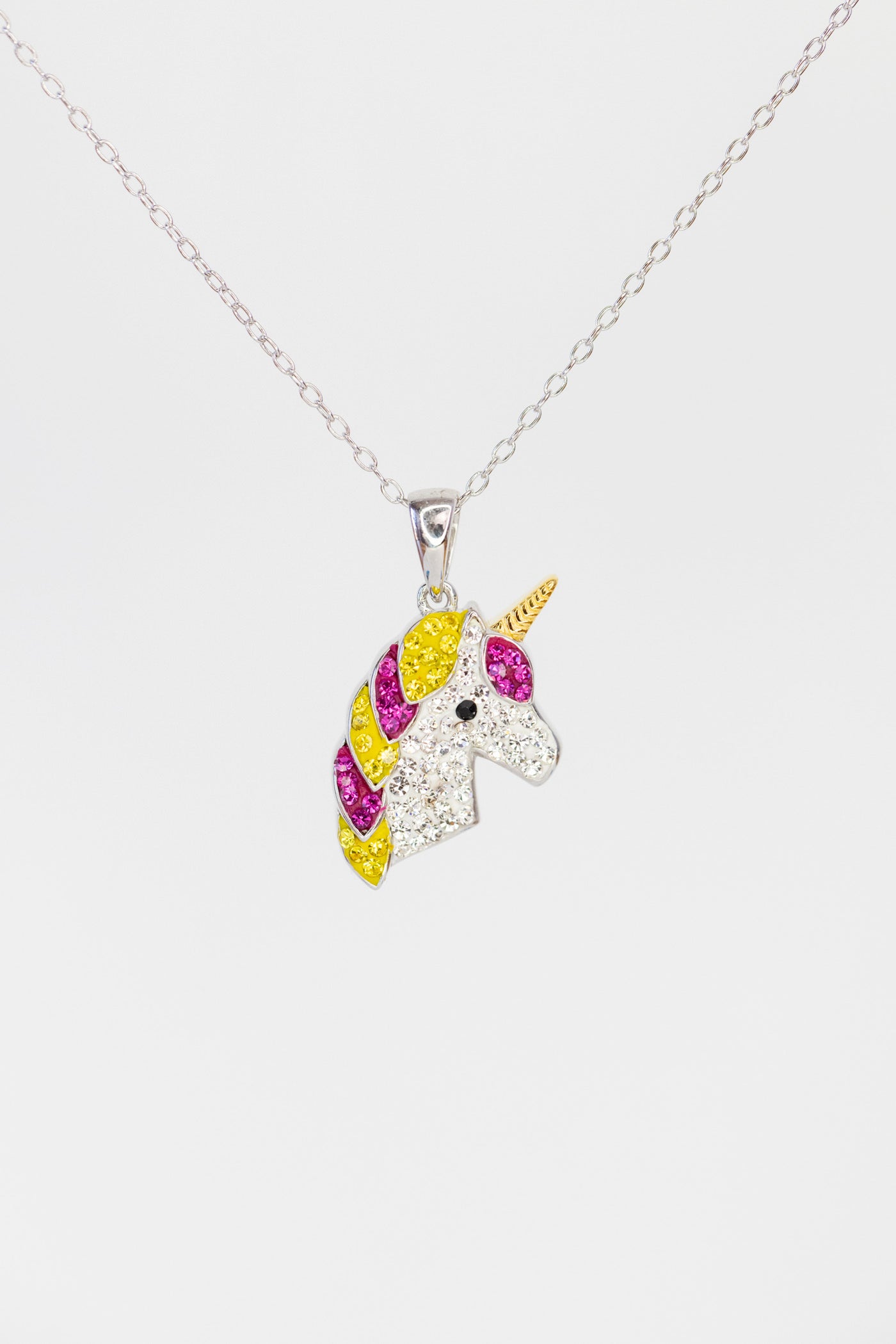 Fuchsia and Yellow Unicorn Crystal Sterling Silver Necklace