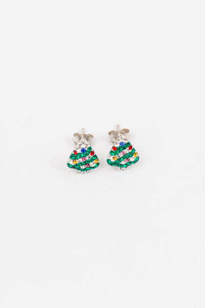 Christmas Tree Holiday Crystal Silver Stud Earrings | Annie and Sisters | sister stud earrings, for kids, children's jewelry, kids’ jewelry, best friend