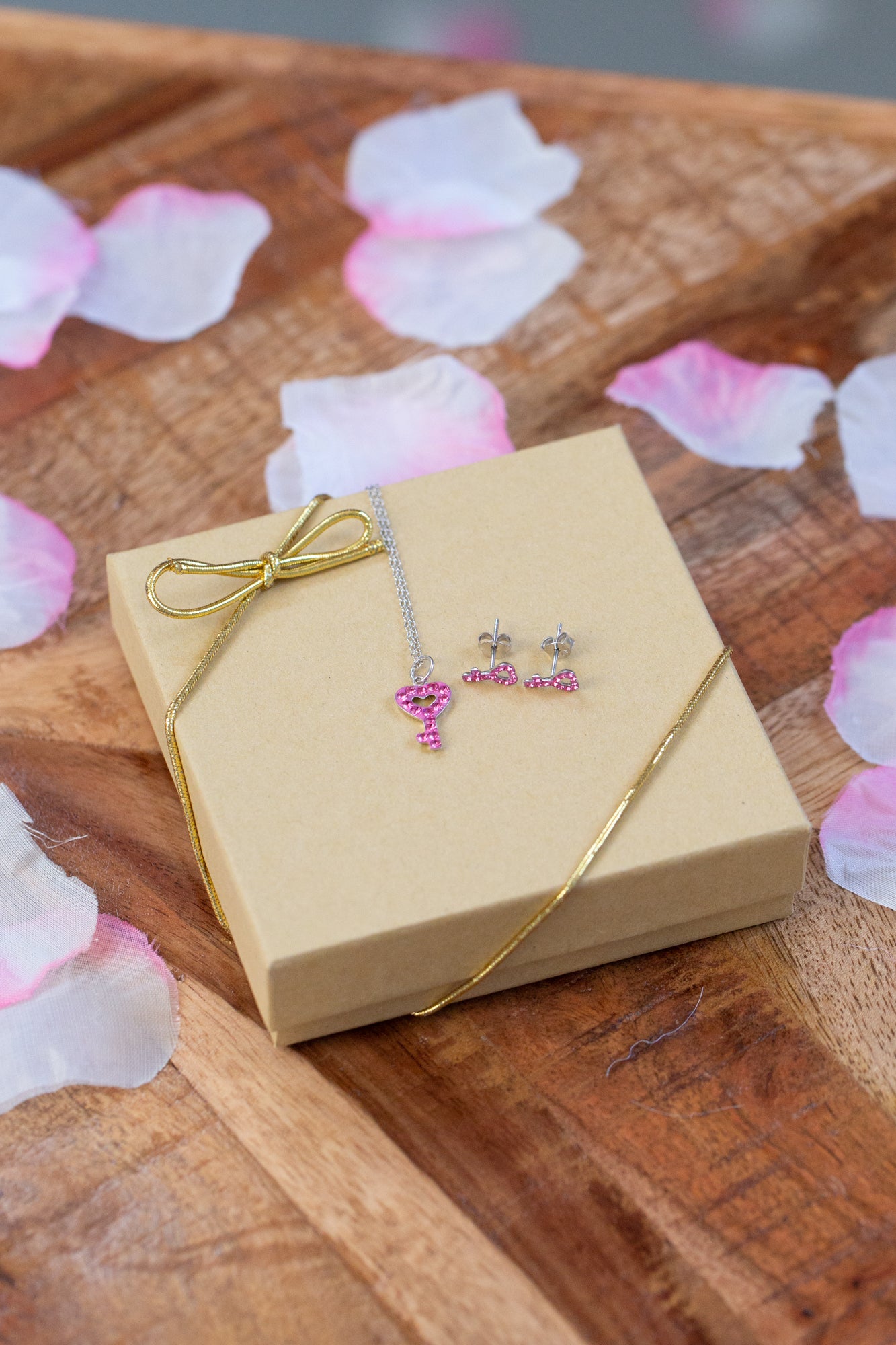 Open Heart Key Crystal Sterling Silver Stud Earrings and Necklace Set in Rose Pink | Annie and Sisters | sister stud earrings, for kids, children's jewelry, kid's jewelry, best friend
