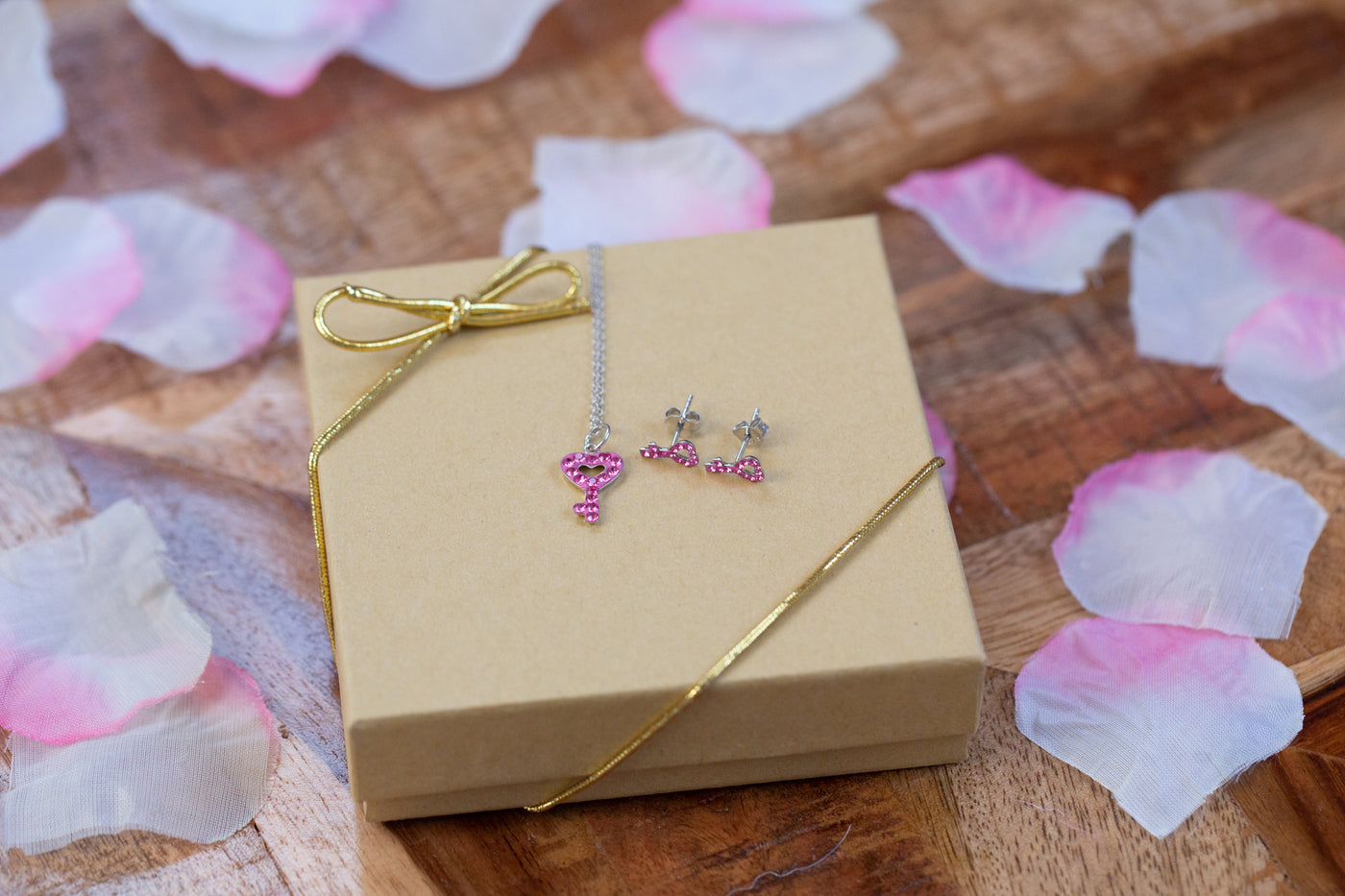 Open Heart Key Crystal Sterling Silver Necklace and Earrings Set in Rose Pink | Annie and Sisters