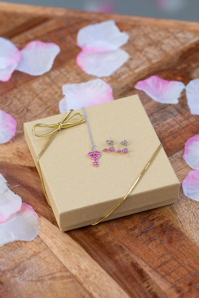 Open Heart Key Crystal Sterling Silver Stud Earrings and Necklace Set in Rose Pink | Annie and Sisters | sister stud earrings, for kids, children's jewelry, kid's jewelry, best friend
