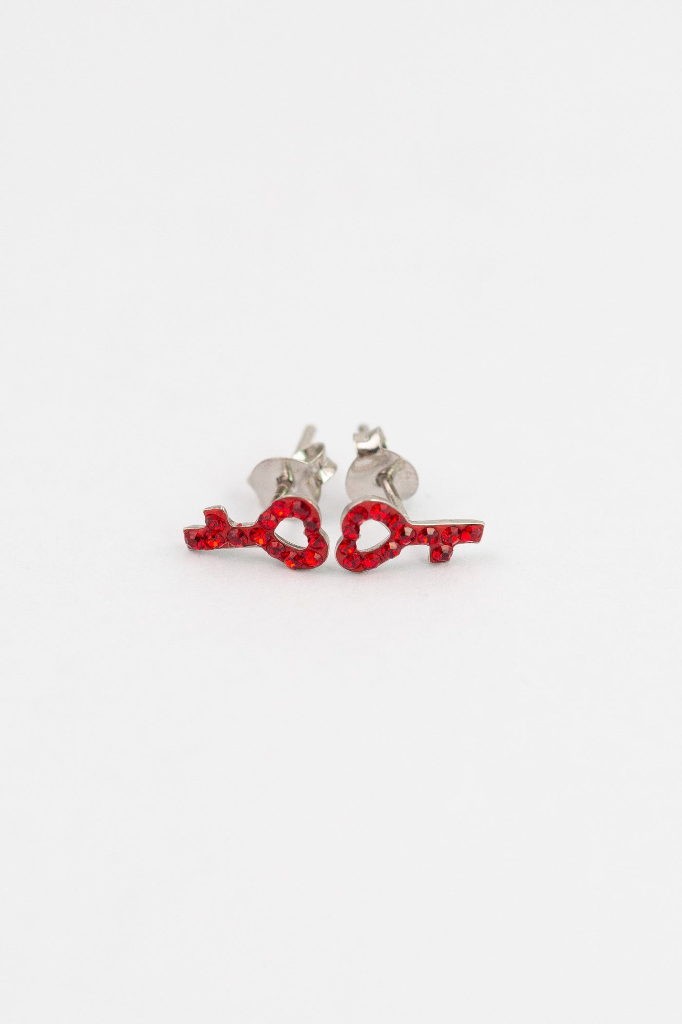 Open Heart Key Crystal Sterling Silver Stud Earrings in Siam Red | Annie and Sisters | sister stud earrings, for kids, children's jewelry, kid's jewelry, best friend