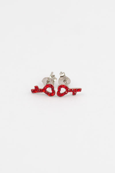 Open Heart Key Crystal Sterling Silver Stud Earrings in Siam Red | Annie and Sisters | sister stud earrings, for kids, children's jewelry, kid's jewelry, best friend