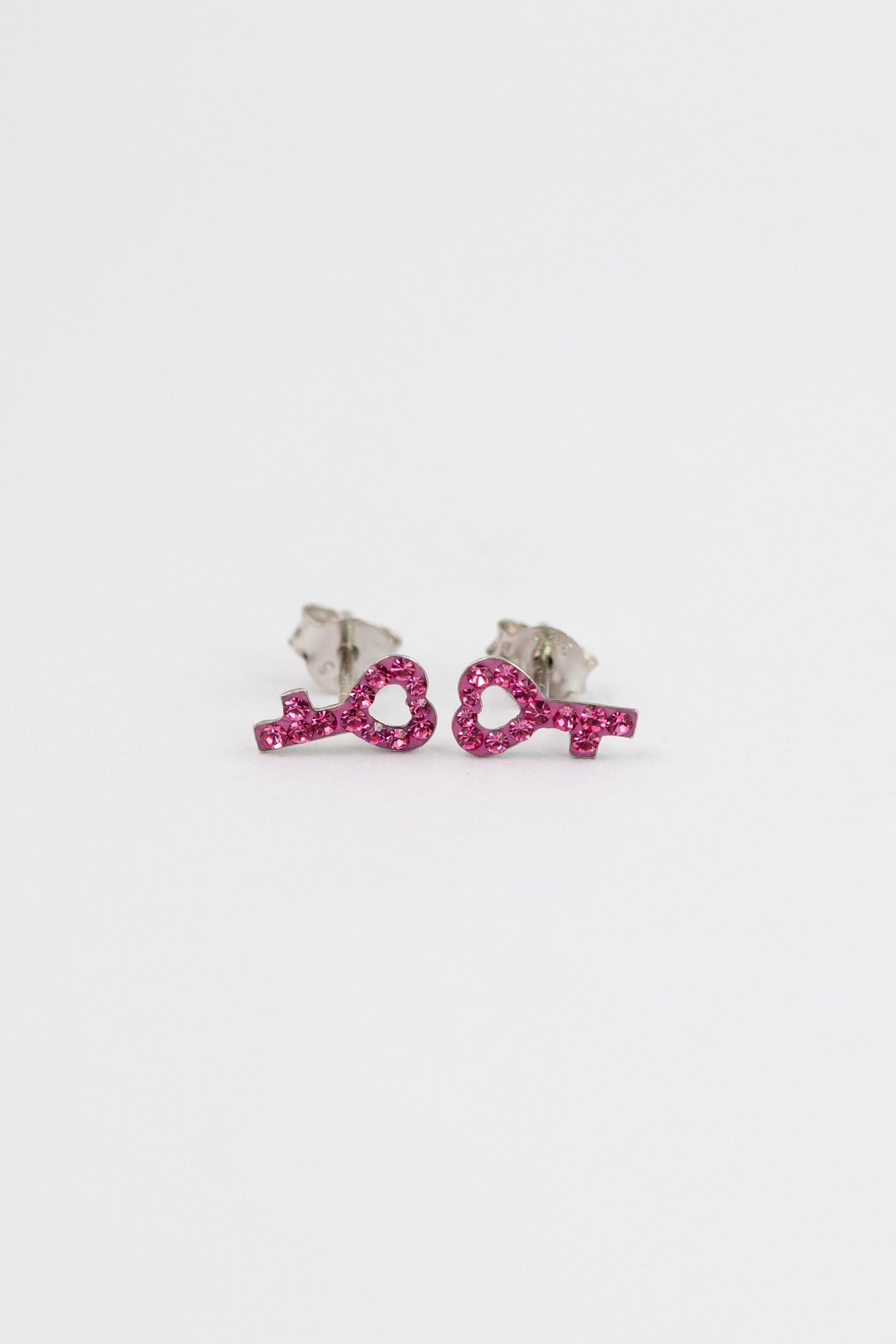 Open Heart Key Crystal Sterling Silver Stud Earrings in Rose Pink | Annie and Sisters | sister stud earrings, for kids, children's jewelry, kid's jewelry, best friend