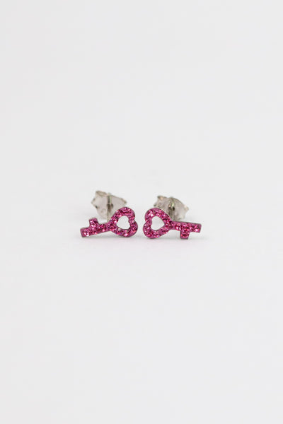 Open Heart Key Crystal Sterling Silver Stud Earrings in Rose Pink | Annie and Sisters | sister stud earrings, for kids, children's jewelry, kid's jewelry, best friend