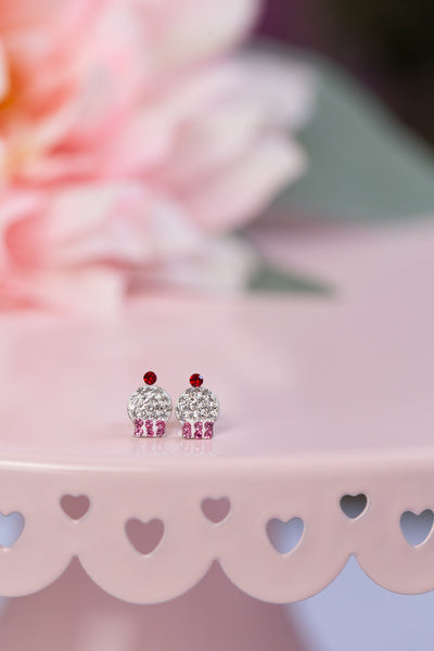 Pink Cupcake Crystal Pave Sterling Silver Earrings | Annie and Sisters | sister stud earrings, for kids, children's jewelry, kid's jewelry, best friend
