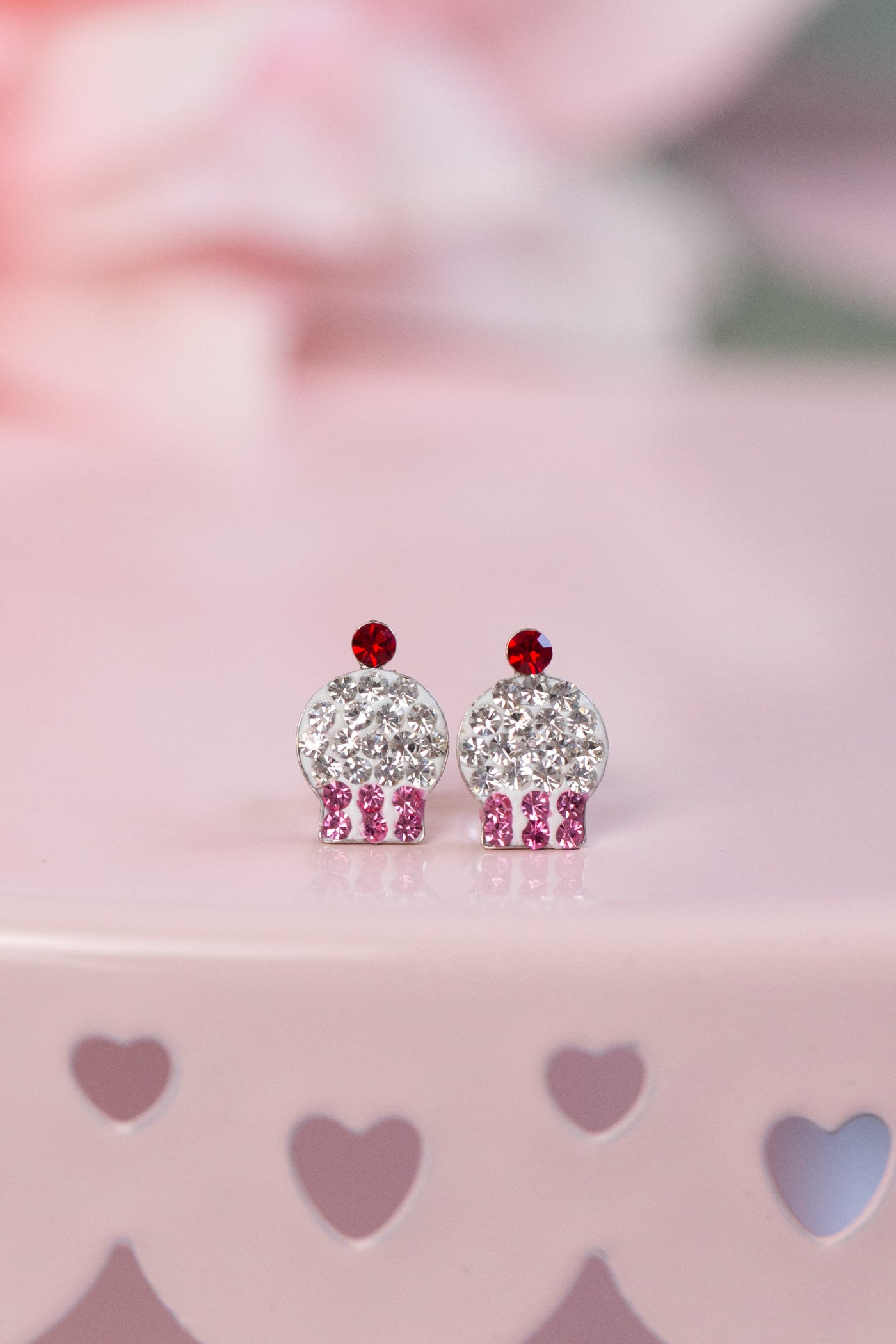 Pink Cupcake Crystal Pave Silver Earrings | Annie and Sisters | sister stud earrings, for kids, children's jewelry, kid's jewelry, best friend