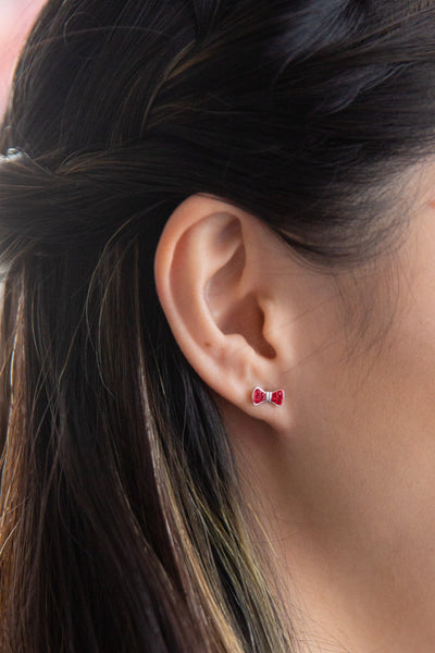 Bow Crystal Silver Stud Earrings in Red | Annie and Sisters | sister stud earrings, for kids, children's jewelry, kid's jewelry, best friend