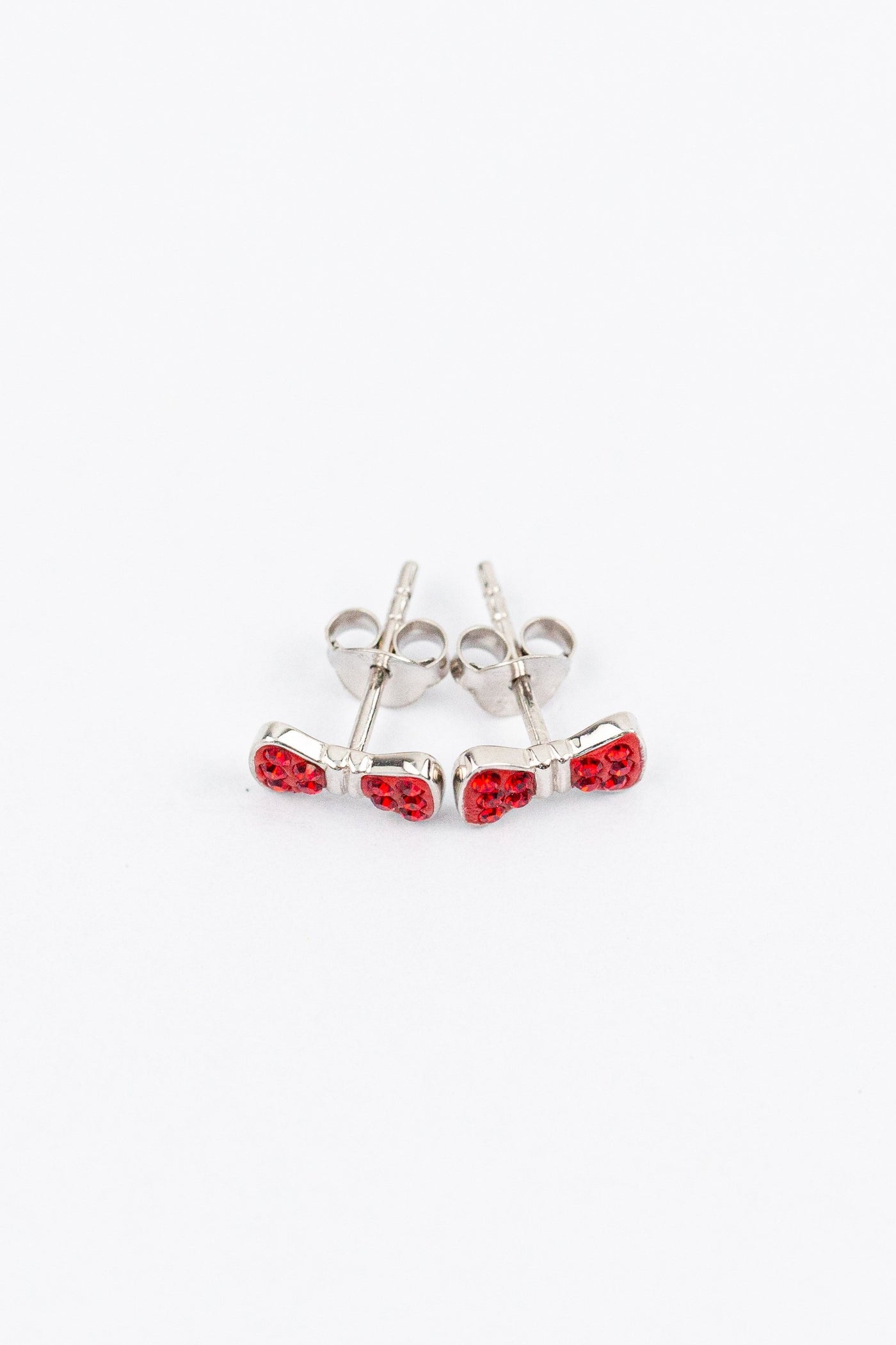Bow Crystal Silver Stud Earrings in Red | Annie and Sisters | sister stud earrings, for kids, children's jewelry, kid's jewelry, best friend