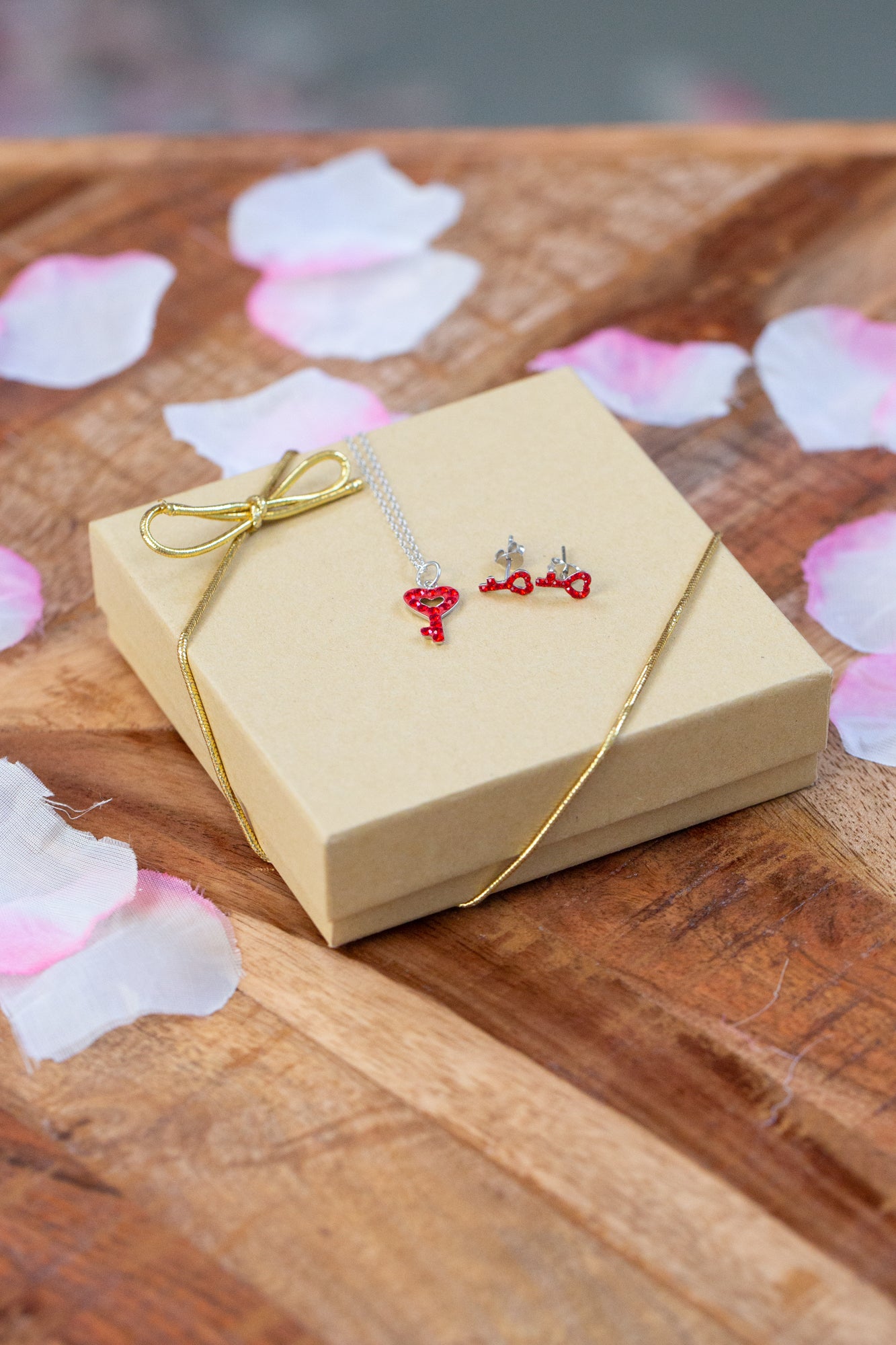 Open Heart Key Crystal Sterling Silver Stud Earrings and Necklace Set in Siam Red | Annie and Sisters | sister stud earrings, for kids, children's jewelry, kid's jewelry, best friend