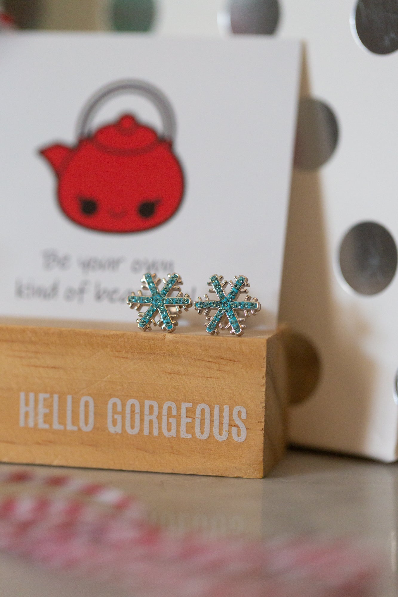 Snowflake (Sectored) Holiday Crystal Silver Stud Earrings in Indicolite | Annie and Sisters | sister stud earrings, for kids, children's jewelry, kids jewelry, best friend