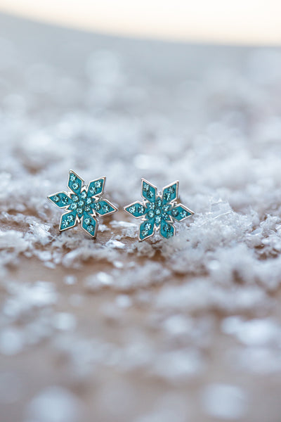Stellar Snowflake (Stellar) Holiday Crystal Silver Stud Earrings in Indicolite | Annie and Sisters | sister stud earrings, for kids, children's jewelry, kids jewelry, best friend
