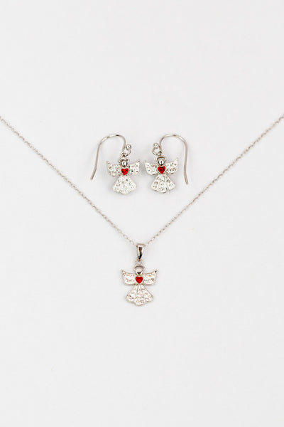Clear Crystal Angel With Red Heart Silver Earrings and Necklace Matching Set