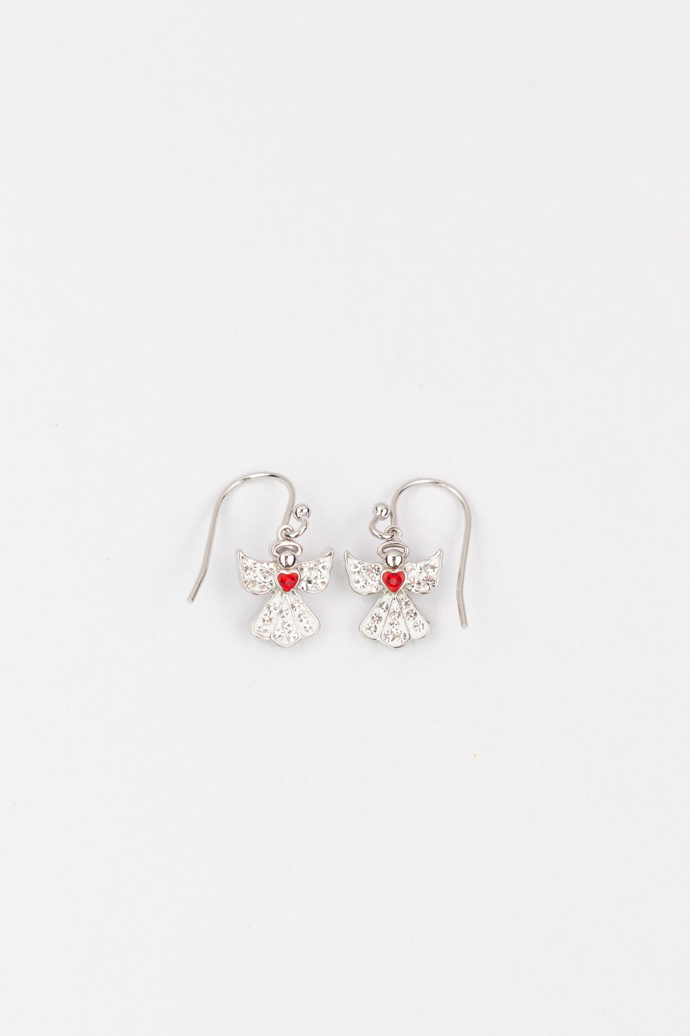 Clear Crystal Angel With Red Heart Silver Earrings