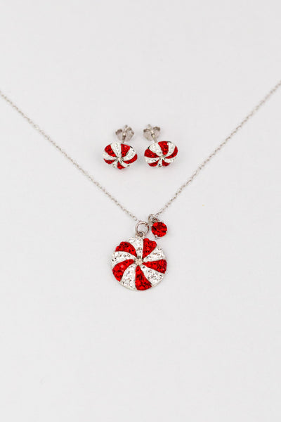 Peppermint Candy Holiday Crystal Silver Pendant Necklace Matching Set | Annie and Sisters