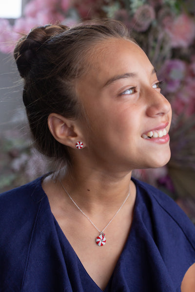 Peppermint Candy Holiday Crystal Silver Pendant Necklace Matching Set | Annie and Sisters