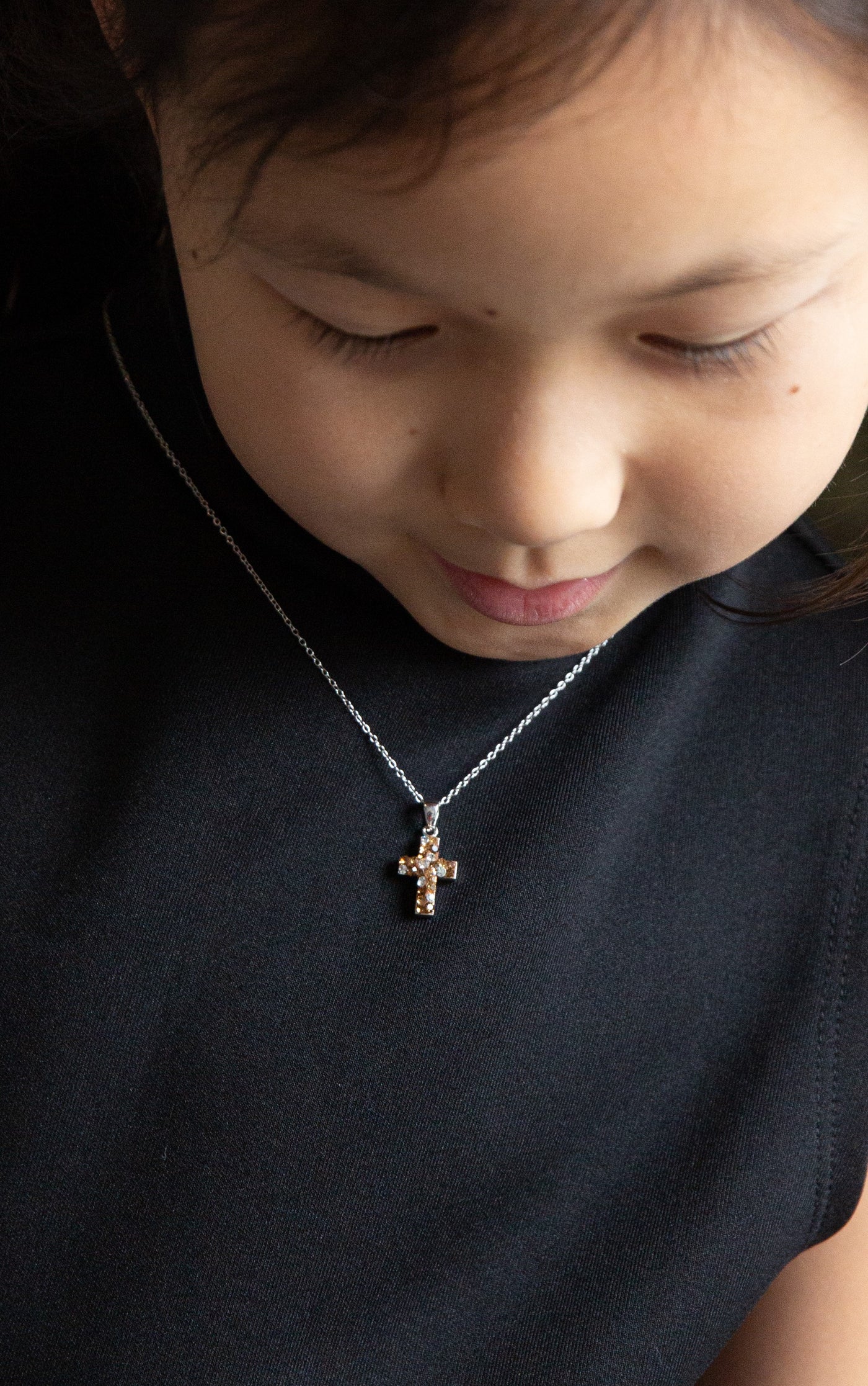 Kid's Cross Necklace Mini Swarovski Crystal Cross Necklace in Smokey Topaz | Annie and Sisters